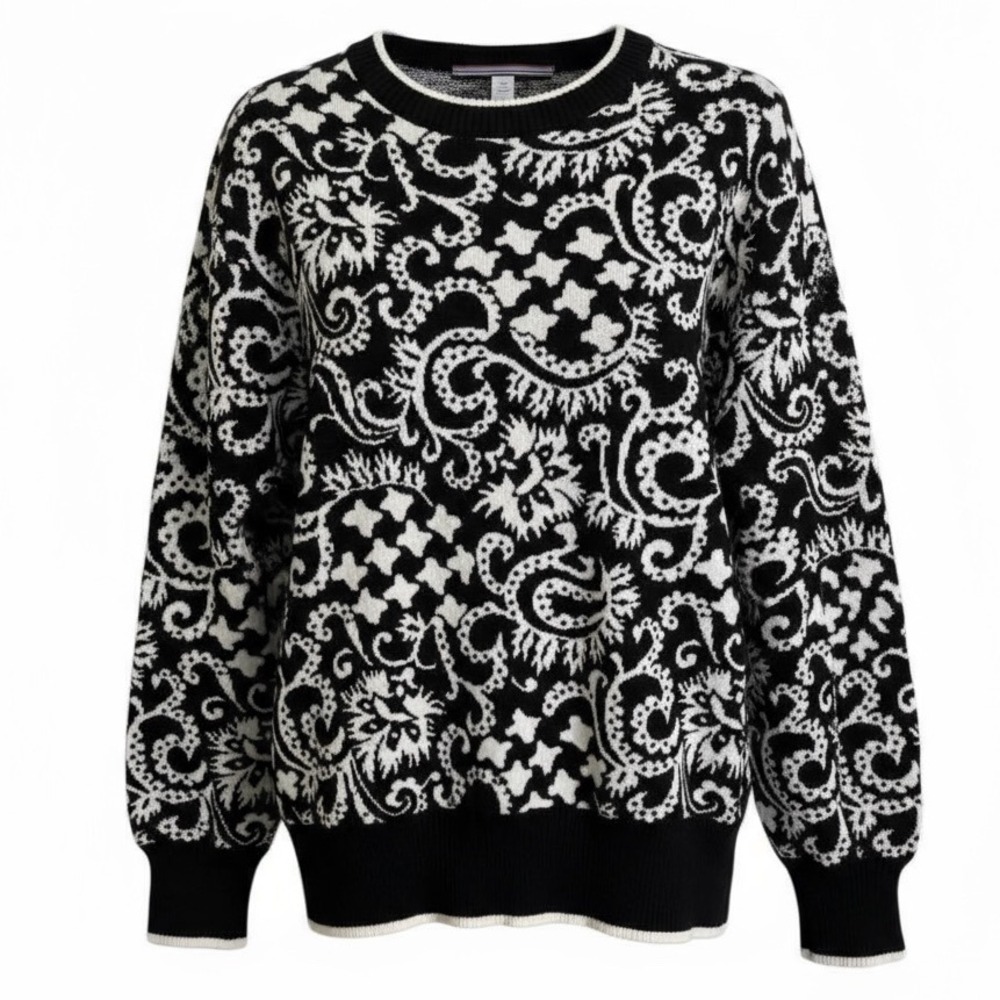 Vintage OSSI Skiwear Black White Paisley‎ Jacquard Wool Blend Sweater Large